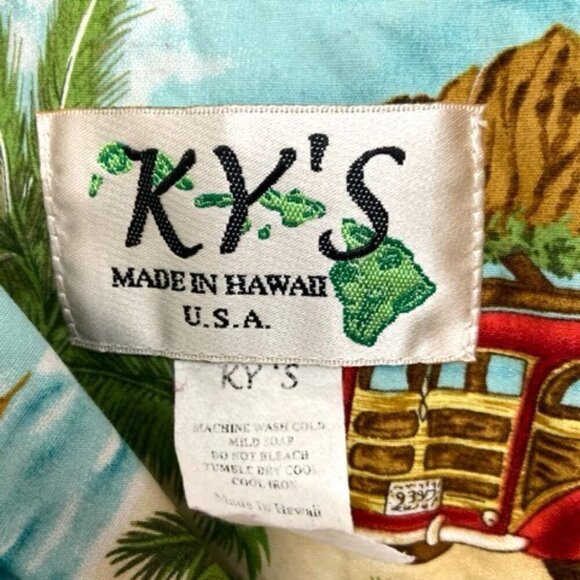 Vtg KY's Hawaiian Shirt Men's L Tropical Wood Panel Cars Surf Boards Palm Trees - Picture 3 of 7